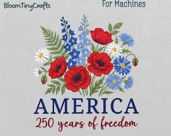 America 250 Floral Embroidery, Patriotic Bouquet Pattern, Red White Blue Flowers, Semiquincentennial Art, 4th of July Shirt, USA Decor