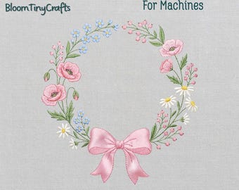 Floral Wreath Embroidery, Coquette Pink Bow, Spring Flower Frame, Poppy Daisy Pattern, Monogram Blank, Baby Girl Nursery, Machine Files