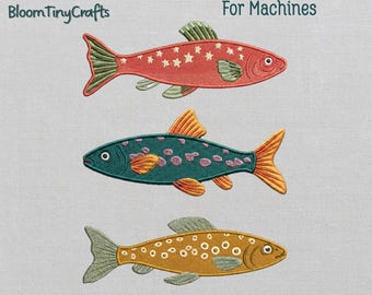 Folk Art Fish Embroidery, Lake House Decor, Whimsical Trout, River Fishing Apparel, Dad Shirt Motif, Rustic Cabin Core