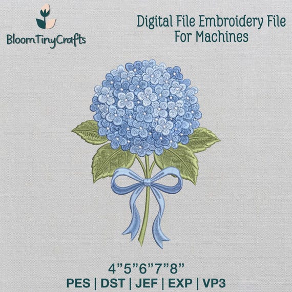 Blue Hydrangea Embroidery, Coastal Grandmother Design, Preppy Blue Bow, Summer Floral Pattern, Machine Files, Digital Download