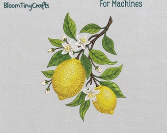 Lemon Branch Embroidery, Citrus Fruit Pattern, Botanical Summer Design, Mediterranean Lemon, Cottagecore Kitchen, Lemon Blossom Art