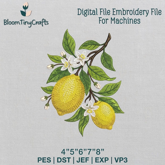 Lemon Branch Embroidery, Citrus Fruit Pattern, Botanical Summer Design, Mediterranean Lemon, Cottagecore Kitchen, Lemon Blossom Art