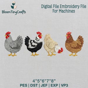 Könnte beinhalten: Digitales Stickdateiformat mit vier gestickten Hühnern in verschiedenen Farben. Die Hühner sind grau, schwarz und weiß, beige und braun. Der Text "Digital File Embroidery File For Machines" steht oben. Die Dateigrößen sind 10.16cm, 12.7cm, 15.24cm, 17.78cm und 20.32cm.
