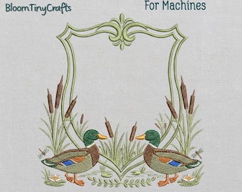 Mallard Duck Embroidery, Monogram Frame Crest, Southern Boy Preppy Design, Cattail Pond Nature Pattern, Machine Files
