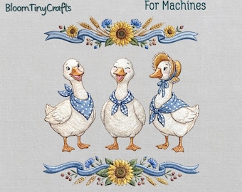 Geese Trio Embroidery Design, Cute Duck with Bonnet, Farmhouse Sunflower Border, Cottagecore Nursery Pattern, Country Kitchen Machine Files