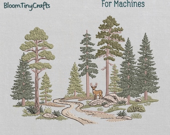 Pine Forest Landscape, Woodland Deer Embroidery, Wilderness Pattern, Outdoor Nature Design, Hunting Cabin Decor, Mens Machine Files