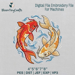 Puede incluir: Archivo de bordado digital con dos peces koi en un diseño circular con detalles de agua azul. Los peces son naranjas y blancos. Texto: "Digital File Embroidery File For Machines" y tamaños 10,16cm, 12,7cm, 15,24cm, 17,78cm, 20,32cm.