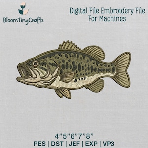 May include: An embroidered design of a largemouth bass fish, featuring detailed stitching in shades of green, brown, and beige. The design includes the text "Digital File Embroidery File For Machines" and the sizes 4"5"6"7"8".