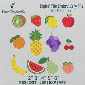 Ricamo di mini frutta estiva, motivo tropicale per strofinaccio da cucina, motivo per borsa da picnic, dolce disegno di fragola, piccolo disegno di pesca e mela