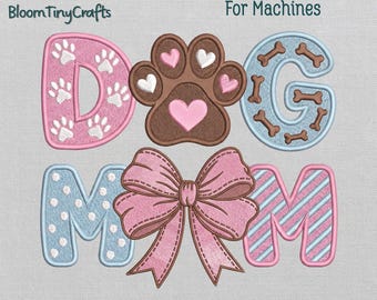 Dog Mom Embroidery, Preppy Bow Lettering, Coquette Pet Lover, Pink Paw Print Art, Cute Dog Walker Shirt, Fur Mama Sweatshirt Pattern