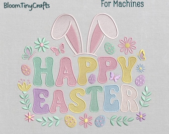 Pastel Happy Easter Machine Embroidery Design, Bunny Ears Egg Sweatshirt and Basket Liner Pattern (Digital File)