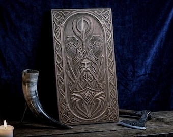 Panel de pared de Odín, arte en madera grabado con mitología nórdica, decoración de pared del dios vikingo.