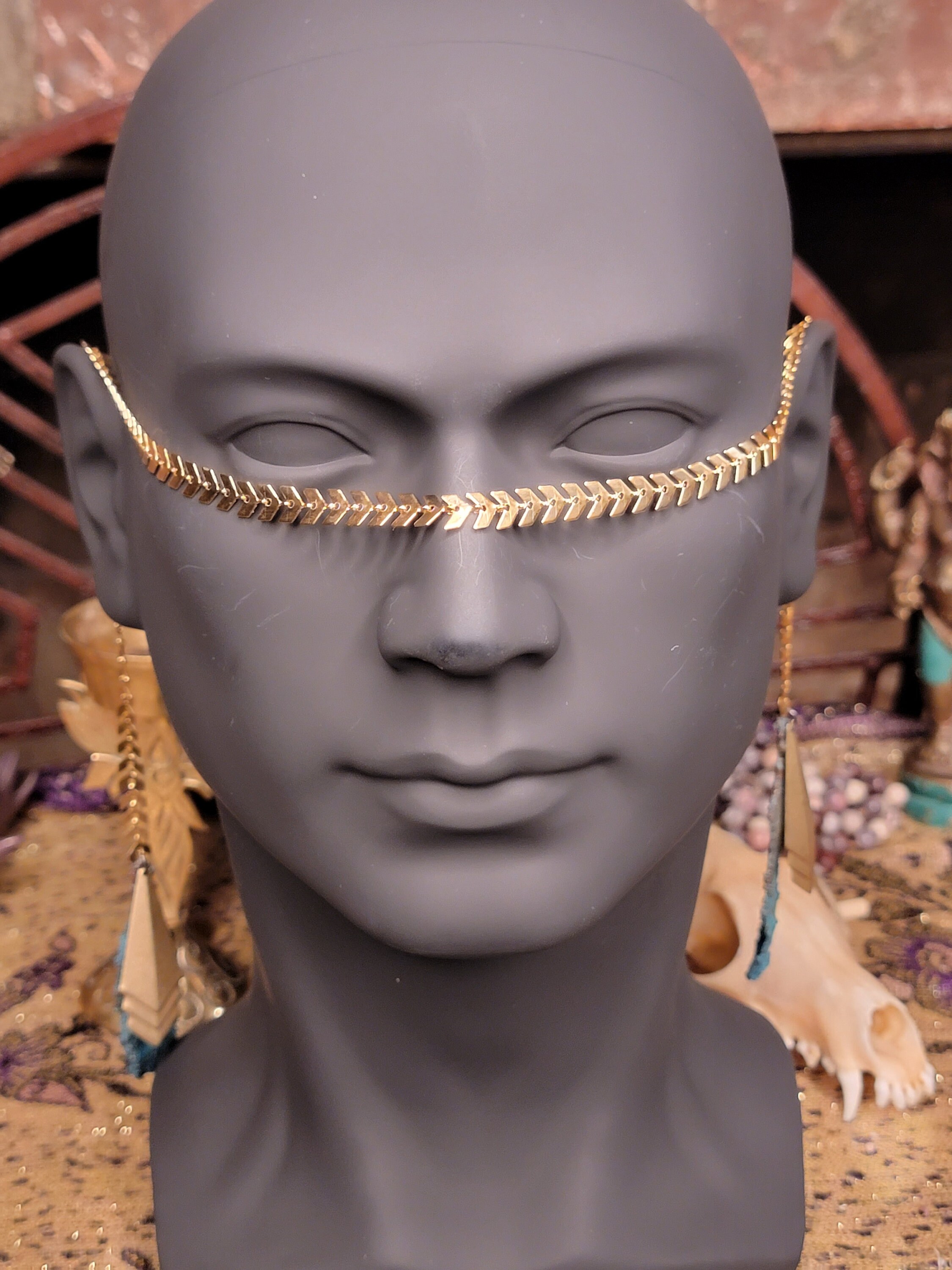 Handcrafted Golden Face Chain With Copper Blue Patina Feather: Witchy ...