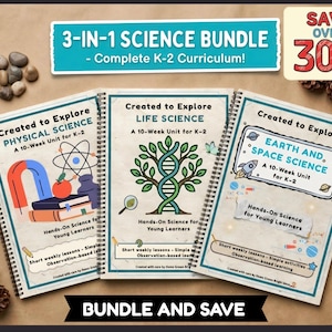 May include: Three spiral-bound science curriculum workbooks titled Created to Explore Physical Science, Life Science, and Earth and Space Science for K-2. The cover graphics feature illustrations of atoms, DNA, and space themes with text labels.