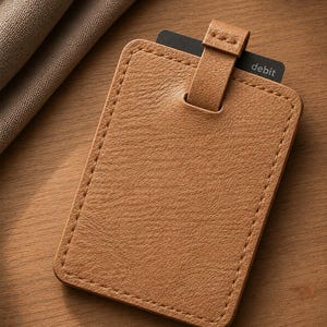 May include: A tan leather card holder with a stitched border and a loop closure. A black debit card is partially visible. The card holder is on a wooden surface.