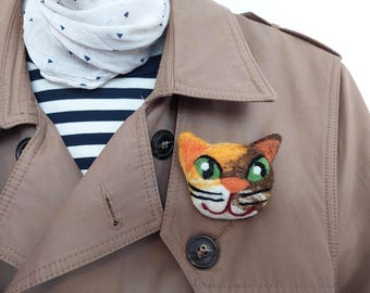 Naaldvilten lapjeskatbroche, wolvezelkunstspeld, handgemaakt kattenliefhebbercadeau