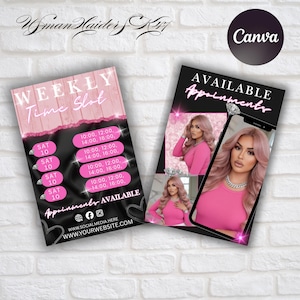 May include: Two pink and black flyers with text and images. One says "WEEKLY Time Slot" with appointment times. The other says "AVAILABLE Appointments" with photos of a woman. The Canva logo is in the upper right corner.