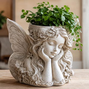 May include: A light gray stone-look planter shaped like a fairy with closed eyes, resting their chin on their hands. The fairy features long flowing hair adorned with sculpted flowers and leaves, with large detailed wings extending from the sides.