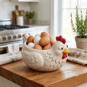 May include: A cream-colored ceramic egg holder shaped like a chicken with a red comb and wattle and a yellow beak. The chicken-shaped bowl is filled with a mix of brown and white eggs, featuring molded feather details on the exterior surface.