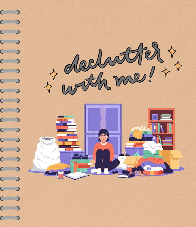 Pode incluir: Ilustra&ccedil;&atilde;o de uma pessoa rodeada de desordem, com o texto "declutter with me!". A imagem apresenta pilhas de livros, caixas e um arm&aacute;rio. A pessoa parece sobrecarregada com a bagun&ccedil;a.