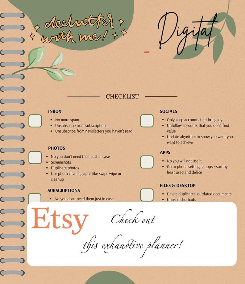 Pode incluir: Um planejador de lista de verifica&ccedil;&atilde;o de organiza&ccedil;&atilde;o digital com o texto "declutter with me!" e "Digital". O planejador inclui se&ccedil;&otilde;es para caixa de entrada, fotos, assinaturas, m&iacute;dias sociais, aplicativos e arquivos e &aacute;rea de trabalho. O logotipo do Etsy &eacute; vis&iacute;vel.