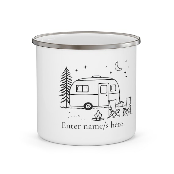 Personalized Enamel Camping Mug | Minimalist Caravan Art