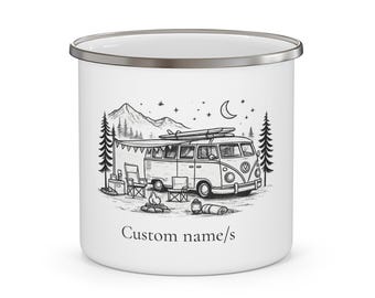 Personalisierte Campervan Emaille Tasse | Minimalistisches Camping Geschenk
