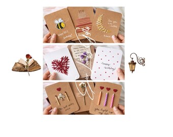 Personalized Handmade Minimalist Kraft Greeting Cards, Birthday Anniversary Love Card, Stitched 3D Vintage Style