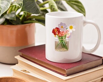Personalized Floral Coffee Mug, Glass Flower Design, Custom Name Gift