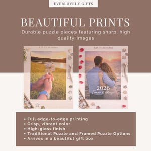 May include: Two framed puzzles, each 8.27 x 11.69 inches, are displayed. One features a couple at sunset with the text "2026 Forever & Always." The other shows hands holding flowers. The image also includes text: "BEAUTIFUL PRINTS."
