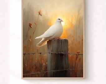 May include: A framed art print featuring a white dove perched on a weathered wooden post, set against a warm, golden sunset. The artwork includes barbed wire and tall grasses, with the text "CORNERSTONE CREATIONZ" at the bottom.