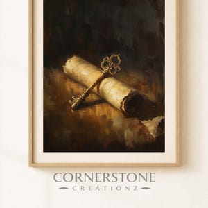 May include: A framed artwork featuring a vintage key resting on a rolled parchment scroll. The key is ornate and golden, and the scroll is aged with visible text. The background is dark and moody, with the text "CORNERSTONE CREATIONZ" at the bottom.