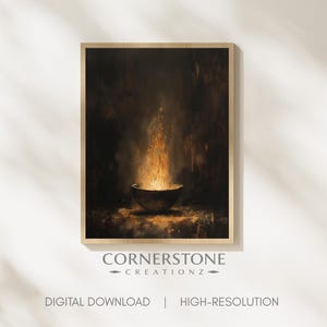 May include: A framed digital art print featuring a dark, moody scene with a glowing bowl at the center. The artwork has a warm, golden light emanating from the bowl, set against a dark background. The text "CORNERSTONE CREATIONZ" is at the bottom.