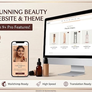 May include: A digital mockup showcasing a beauty website theme on a desktop computer and a smartphone. The website displays product listings. The smartphone shows a woman using a serum. The image includes the text "STUNNING BEAUTY WEBSITE & THEME" and "With 9+ Pro Features!"