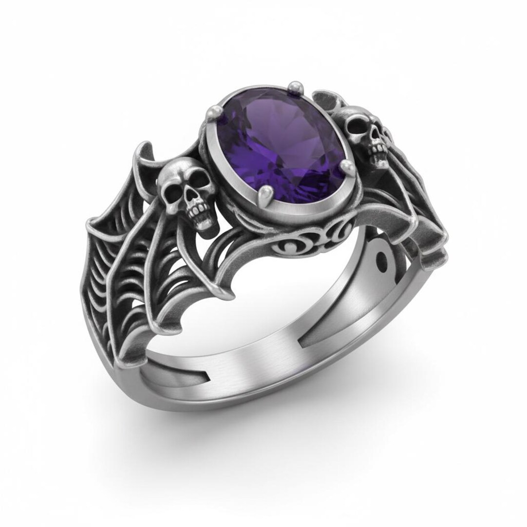 Gothic Skull Bat Wing Ring With Purple Oval Stone Silver Statement Band ...
