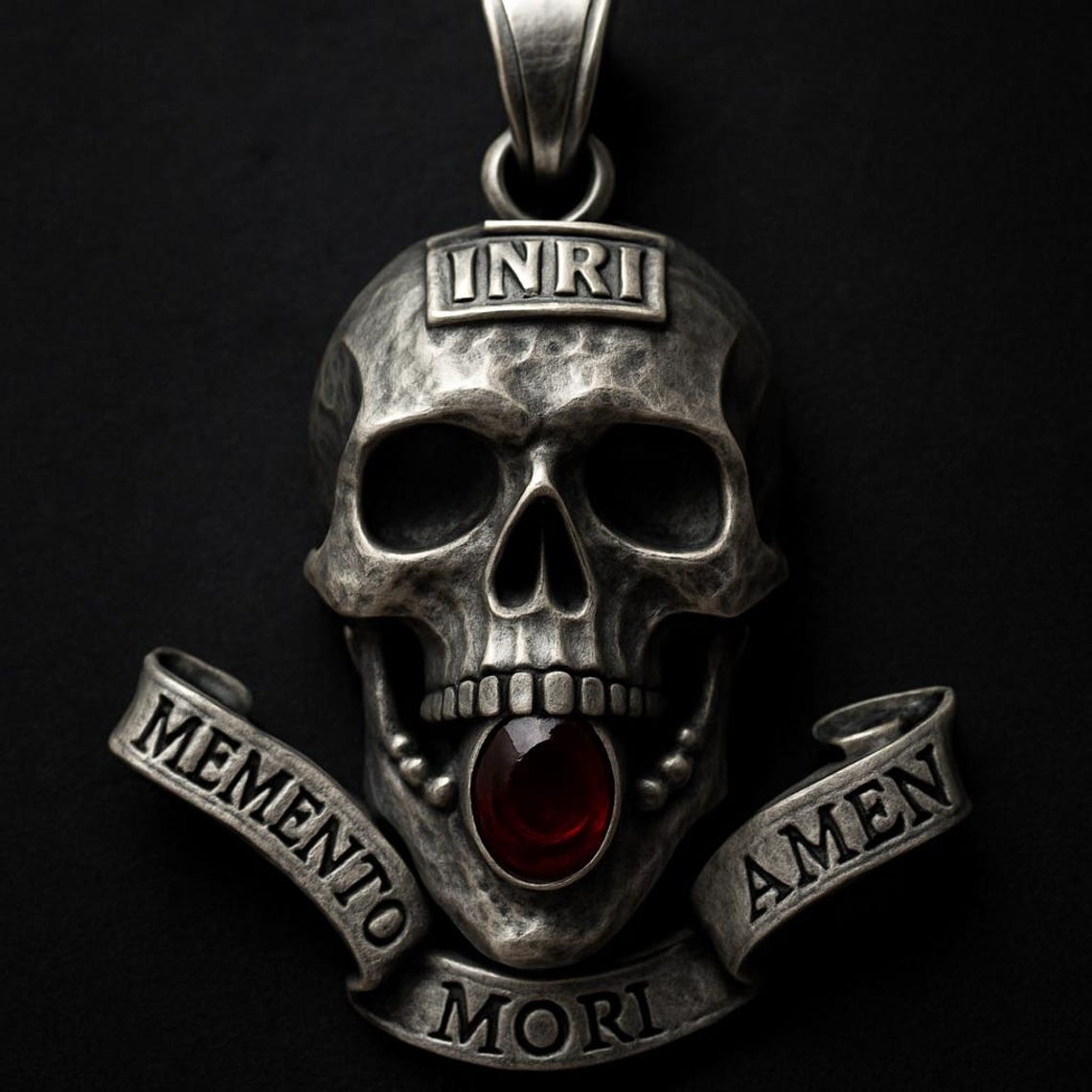 Sterling Silver Skull Memento Mori Necklace With Red Stone Gothic Latin ...