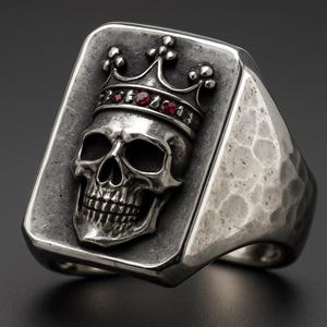 May include: A silver ring with a skull motif, crowned with red gemstones. The ring's face is rectangular, and the band has a hammered texture. The skull is intricately detailed, and the crown provides a regal appearance.