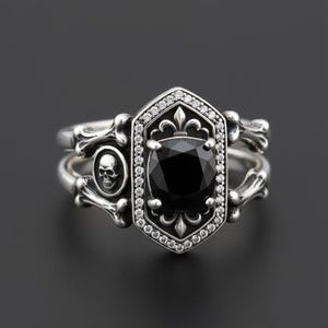 Gothic Coffin Ring 925 Sterling Silver Skull Bones Black Stone Halo, Goth Engagement Unisex Statement Jewelry