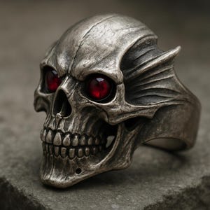 Sterling Silver Gothic Skull Ring with Ruby Red Eyes, 925 Oxidized Biker Statement Ring