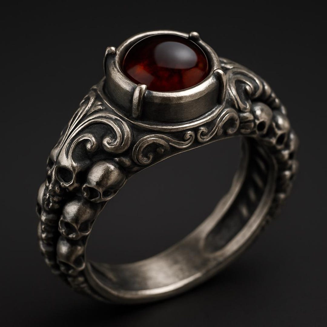 Goth Rings Gothic Skull Ring Sterling Silver With Garnet Red Cabochon | Oxidized ...