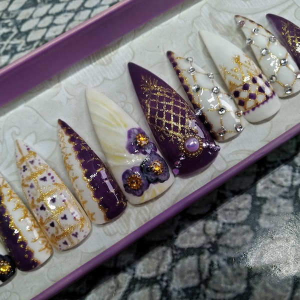 Mr noir prince press on nail stiletto rhinestone beads sakizo cosplay costume baroque purple gold violet pansy flower Fabergé  valentineegg