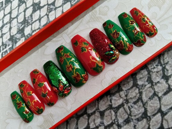 Poinsettia Xmas Press On Nail False Fake Glue Long Coffin Red Etsy