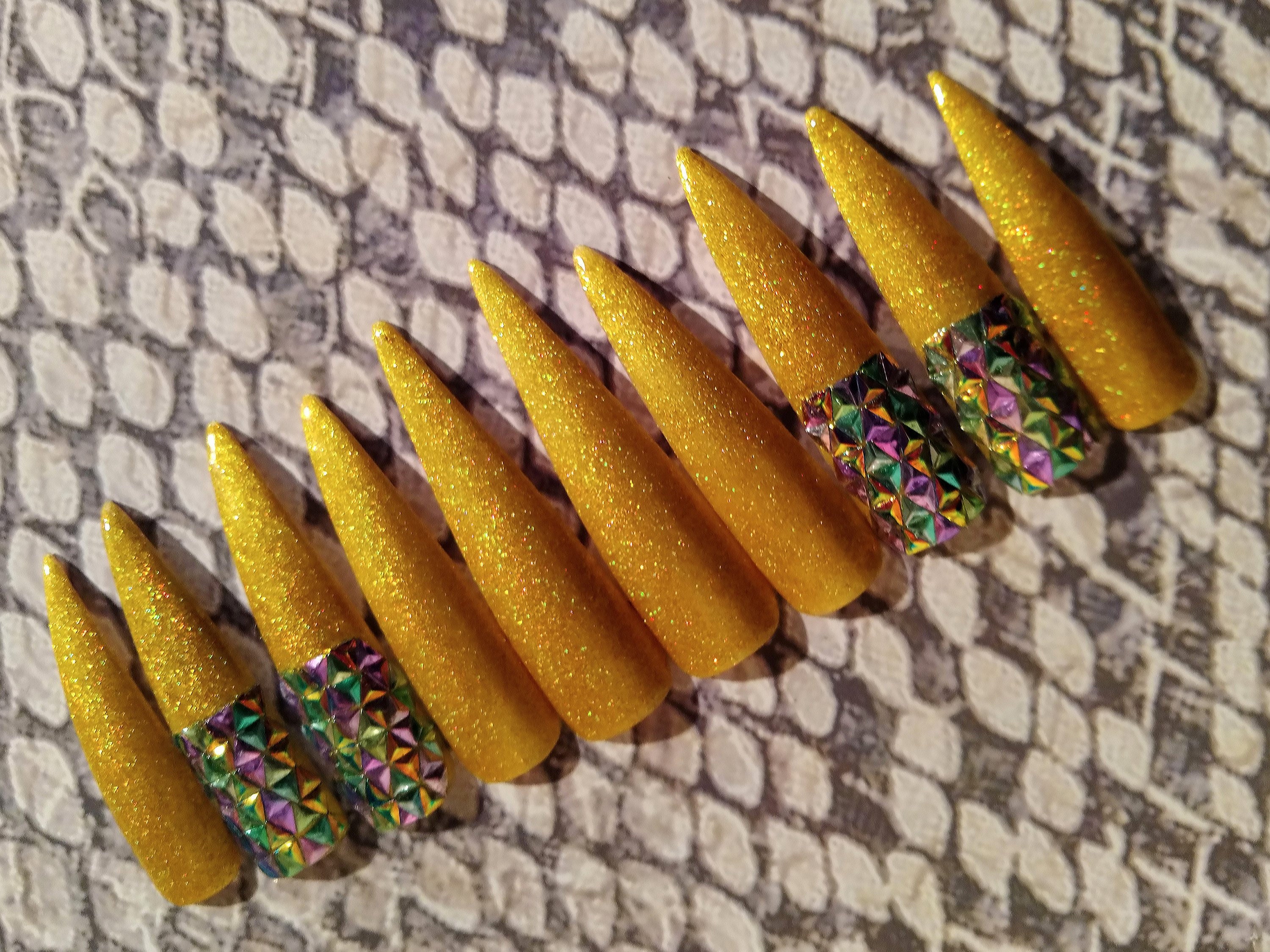 Glitter gold press on nail fake false extra long stiletto glue Etsy