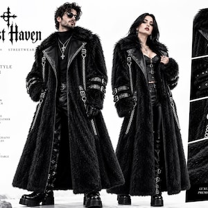 May include: A long black faux fur coat featuring faux leather lapels, silver metal chains, and adjustable buckle straps on the sleeves. The coat includes text reading Trust Haven, Gothic x Streetwear, Dark Style Bolder You, and Luxury Details Premium Quality.