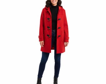 Red Wool Duffle Coat for Women, Gothic Toggle Jacket, Warm Winter Hooded Peacoat