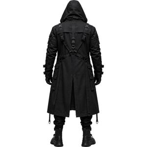 May include: A black hooded long coat featuring multiple utility pockets, adjustable straps with plastic buckles across the back, and a central vertical strap system. The garment includes long sleeves with buckled cuffs, a rear vent, and a structured design.