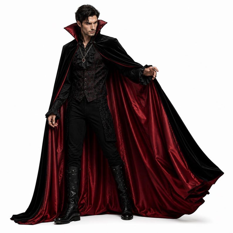 May include: A floor-length black velvet cape with a deep red satin lining and a high standing collar. The outfit includes a dark patterned vest with a ruffled shirt, black trousers, and black knee-high boots, accessorized with a silver chain necklace.