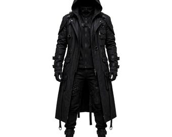 May include: A black hooded long coat featuring multiple utility pockets, adjustable straps with buckles, and metal D-ring hardware. The coat is worn over a matching black zip-up jacket, black trousers with leg straps, and black tactical boots.