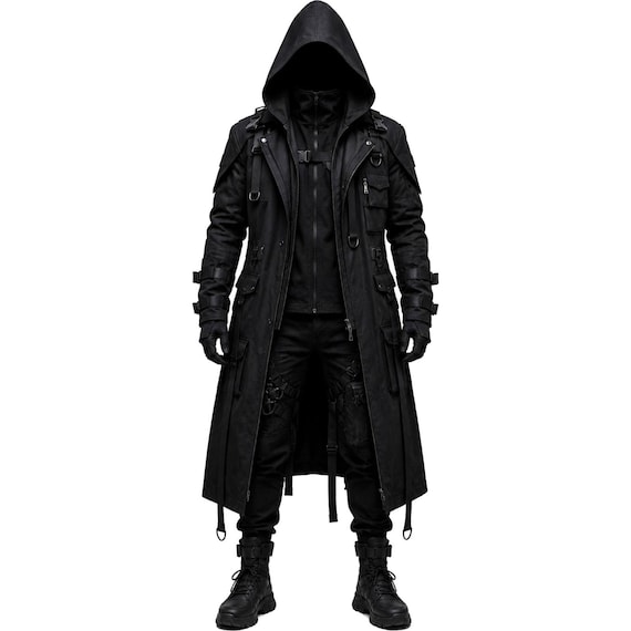 Black Gothic Trench Coat, Hooded Tactical Duster, Cyberpunk Long Coat