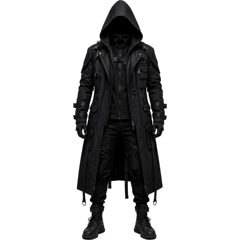 May include: A black hooded long coat featuring multiple utility pockets, adjustable straps with buckles, and metal D-ring hardware. The coat is worn over a matching black zip-up jacket, black trousers with leg straps, and black tactical boots.